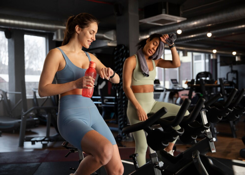 Девушки в спортивном зале на велотренажерах